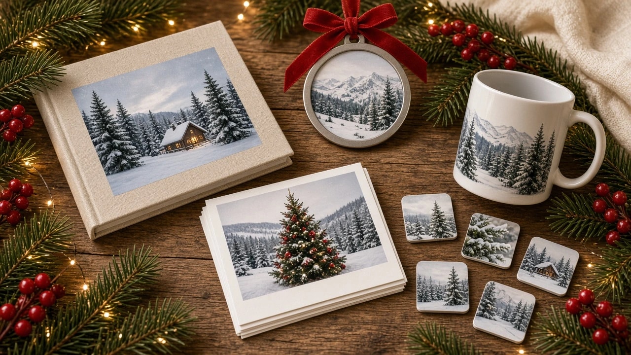 Christmas keepsakes: a photo book, ornament, mug, prints and magnets