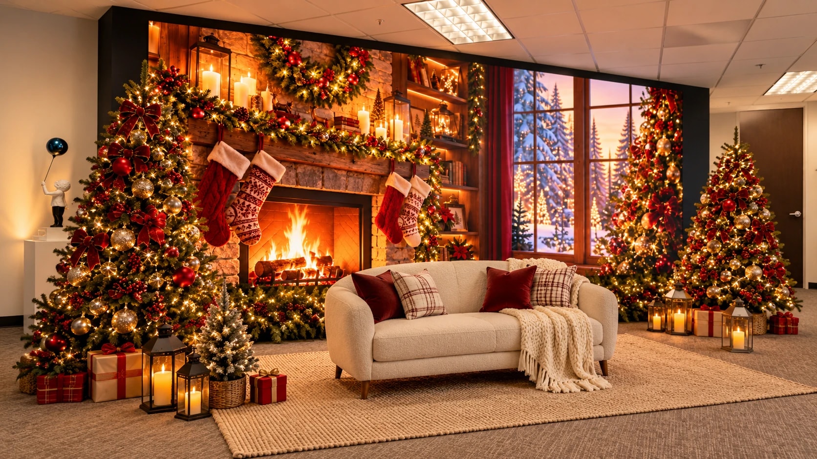 The Christmas set: decorated trees, lanterns and a cream sofa in front of the LED wall showing a fireplace and a snowy window