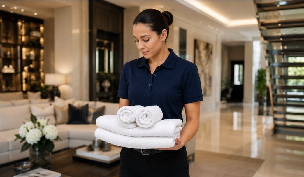 Housekeeper preparing fresh towels in a client's home